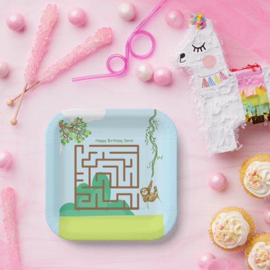 Luiaard en bladeren doolhof puzzel verjaardagspapi papieren bordje (Feest)