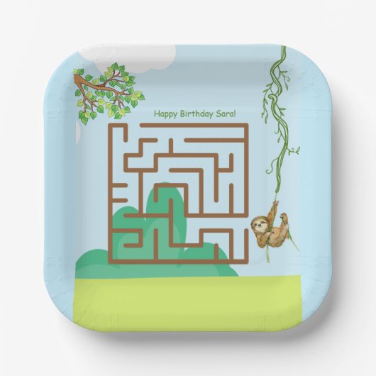 Luiaard en bladeren doolhof puzzel verjaardagspapi papieren bordje (Voorkant)