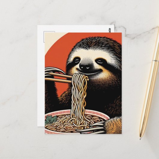 Luiaard Eten Ramen Woodblock Print Briefkaart (Voorkant / Achterkant in situ)