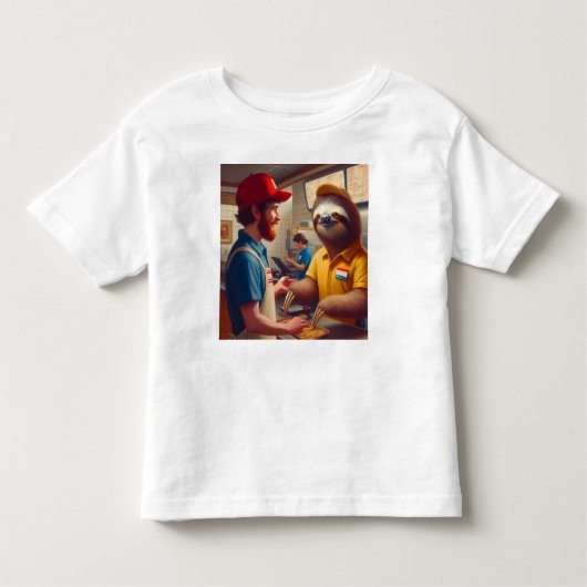luiaard fastfoodmedewerker kinder shirts (Voorkant)
