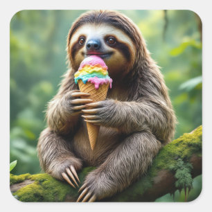 Luiaard Het eten van een Rainbow Ice Cream Cone Vierkante Sticker