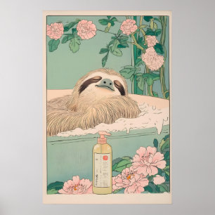 Luiaard in badkuip Ukiyo-e print Japandi badkamer