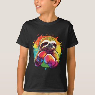 Luiaard in bokshandschoenen regenboog achtergrond t-shirt
