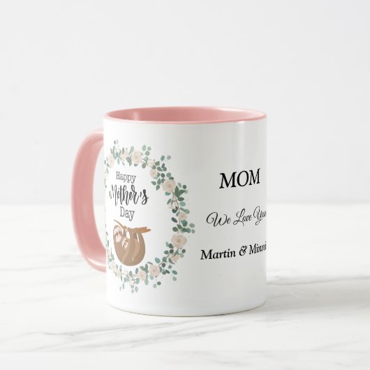 luiaard in krans gelukkige moeders dag aangepaste  mok (Voorkant links)