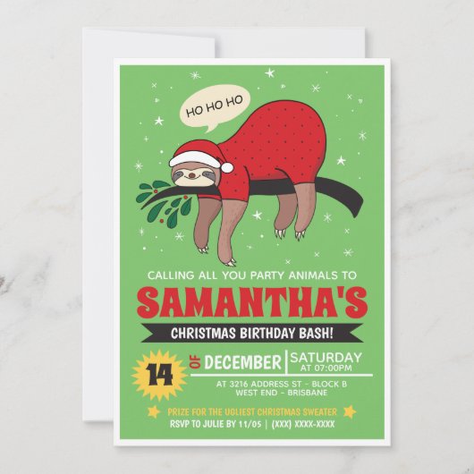 Luiaard Kerstfeest Uitnodiging (Voorkant)