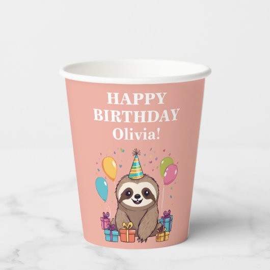 Luiaard Meisje Gelukkig Verjaardagsfeestje Roze Ge Papieren Bekers (Achterkant)
