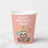 Luiaard Meisje Gelukkig Verjaardagsfeestje Roze Ge Papieren Bekers (Voorkant)