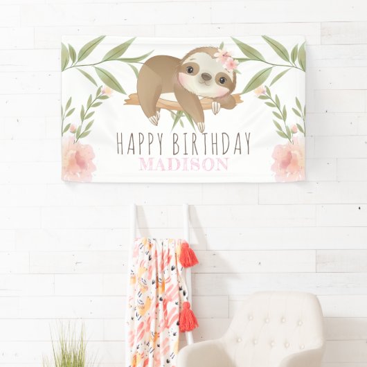 Luiaard Meisje Gelukkige Verjaardag Gepersonalisee Spandoek (Insitu)