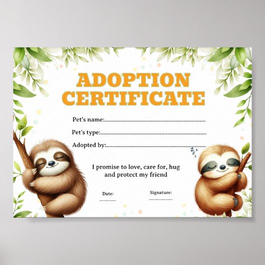 Luiaard neem huisdier certificaat bewerkbaar poster (Voorkant)