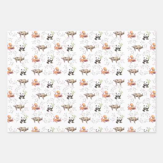 luiaard octopus panda party inpakpapier vel (Voorkant)