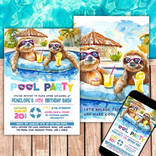 Luiaard Pool Feest Verjaardagsuitnodiging Kaart