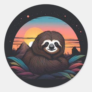 Luiaard portret met zonsondergang ronde sticker