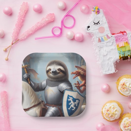 Luiaard ridder vechten draken papieren bordje (Feest)