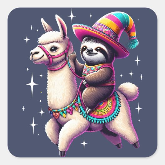 Luiaard Rijden op Llama Leuke Dieren Kinder Jongen Vierkante Sticker (Voorkant)