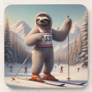 Luiaard skiën bier onderzetter