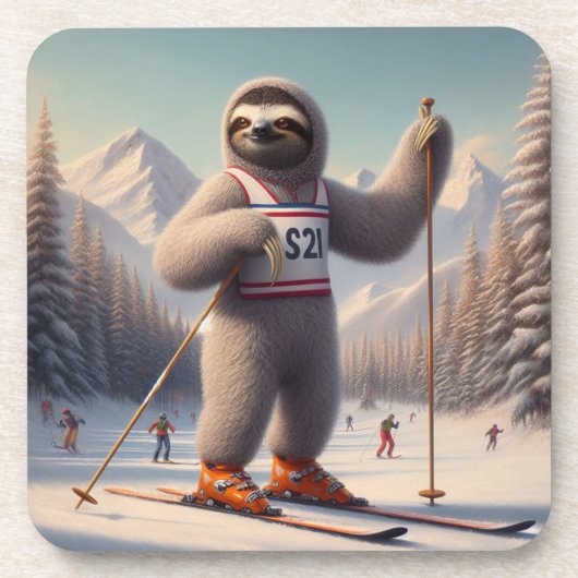 Luiaard skiën bier onderzetter (Voorkant)