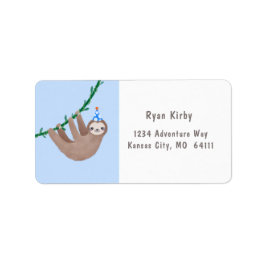 Luiaard thema verjaardag met blauwe en witte stip etiket