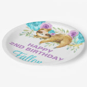 Luiaard turquoise paarse meisje verjaardagspapier  papieren bordje (Gekanteld)