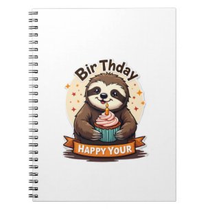 Luiaard verjaardagsshirt vintage cake dier grafisc notitieboek