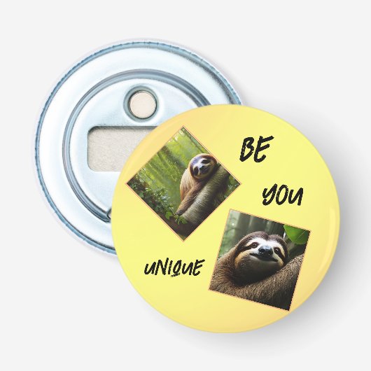 luiaard "wees uniek", button flesopener (Voorkant)