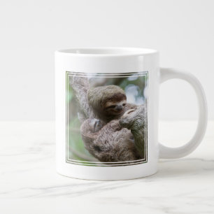 Luiaardbaby met moeder hangend aan een boom grote koffiekop