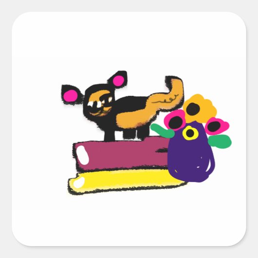 Luie kat en bloemen  vierkante sticker (Voorkant)