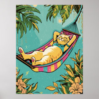 Luie kat in een kleurrijke hangmat poster
