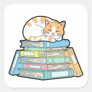 Luie Kat op Boeken – Knuffelige Illustratie Vierkante Sticker
