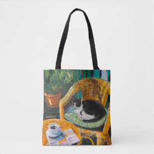 Luie zondagochtend   Gezellige kat en koffie Schil Tote Bag