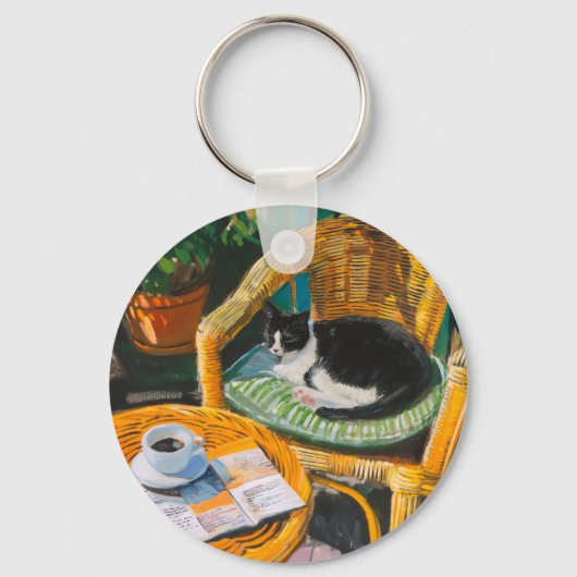 Luie zondagochtend | Gezellige kat & koffie schild Sleutelhanger (Voorkant)