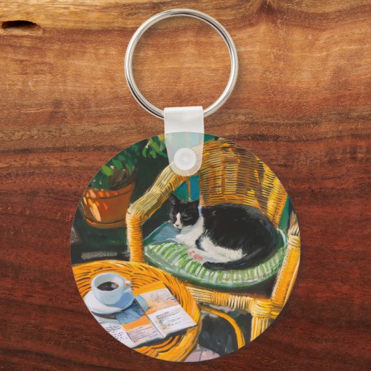 Luie zondagochtend | Gezellige kat & koffie schild Sleutelhanger (Achterkant)