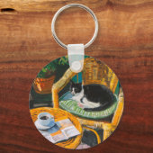 Luie zondagochtend | Gezellige kat & koffie schild Sleutelhanger (Voorkant)