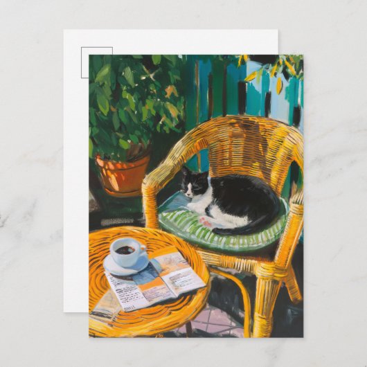 Luie zondagochtend | Gezellige kat & koffie schild Uitnodiging Briefkaart (Voorkant / Achterkant)