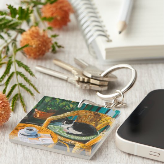 Luie zondagochtend | Schilderij van knusse kat en Sleutelhanger (Voorkant Rechts)