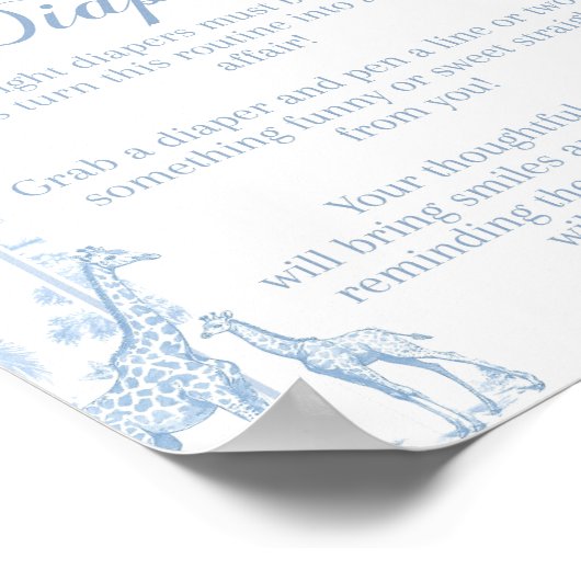 Luier Notities Blue Toile Safari Animal Baby showe Poster (Hoek)