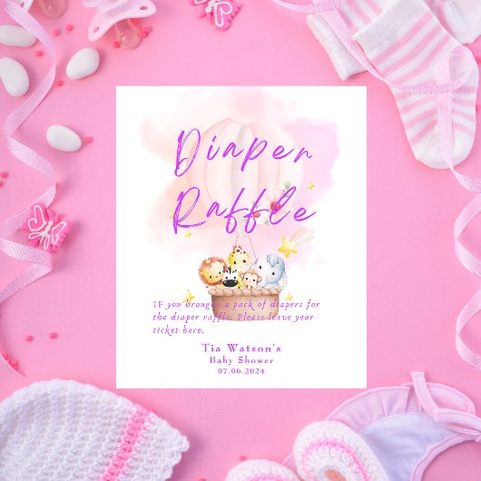 Luier Raffle Baby Dierensafari in Roze Reclamebord Met Voetstuk