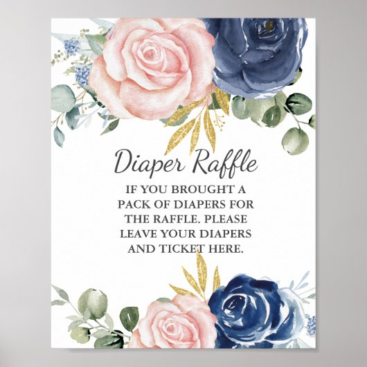 Luier Raffle Baby shower Navy Blush Roze Bloemen Poster (Voorkant)