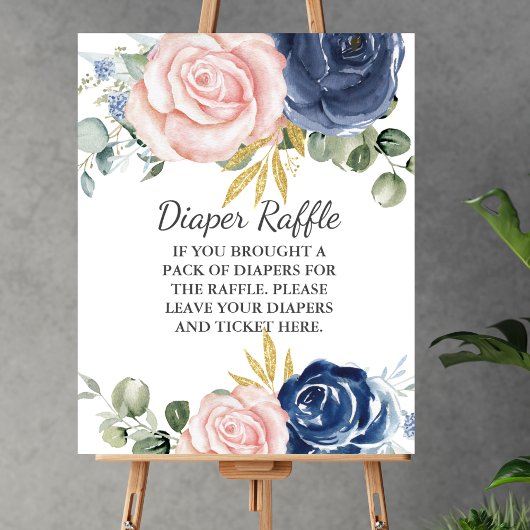 Luier Raffle Baby shower Navy Blush Roze Bloemen Poster
