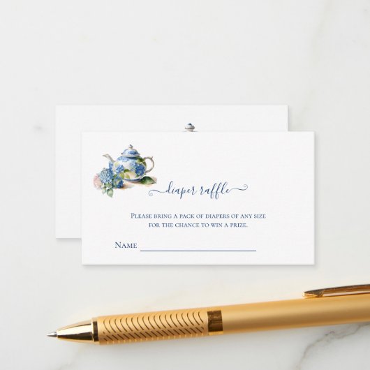 Luier Raffle Blue Hydrangea Tea Party Informatiekaartje (Voorkant / Achterkant in situ)