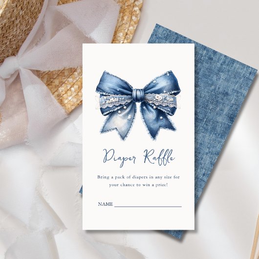 Luier Raffle Blue Jean Denim Bow Baby shower Informatiekaartje