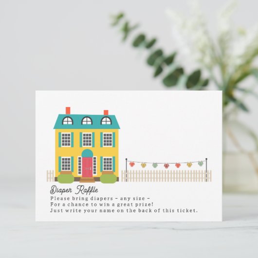 Luier Raffle Huis met waslijn Baby shower Informatiekaartje (Staand voorkant)