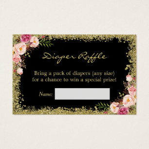 Luier Raffle Kaart Zwart Goud Glitter Roze Bloemen