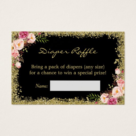 Luier Raffle Kaart Zwart Goud Glitter Roze Bloemen (Voorkant)