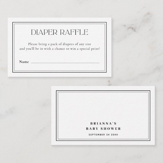 Luier Raffle Minimalistisch Zwart & Wit Baby showe Informatiekaartje (Voorkant / Achterkant)