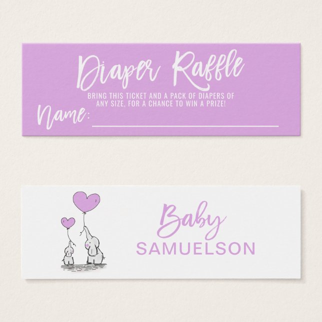 LUIER RAFFLE Olifant LAVENDEL Baby shower Mini Visitekaartjes (Voorkant /achterkant)