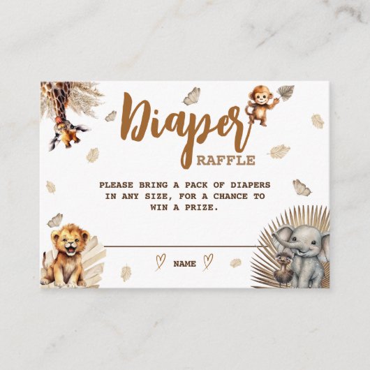 Luier Raffle Safari Leuke Dieren Boho Baby shower Informatiekaartje (Voorkant)