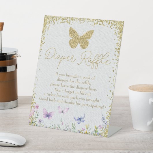 Luier Raffle Sign Butterfly Baby shower Reclamebord Met Voetstuk (Insitu)