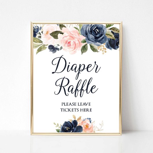 Luier Raffle Sign Navy & Blush Bloemen Baby shower Poster