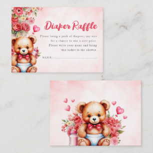 Luier Raffle Teddy Bear Baby shower Floral Pink Informatiekaartje