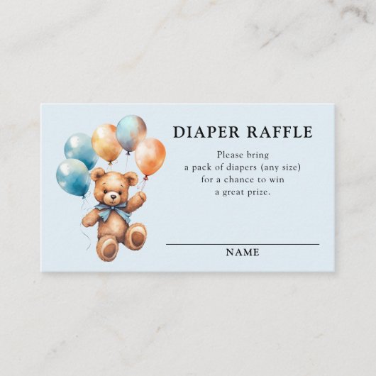 Luier Raffle Teddy Bear Boy Blauw Baby shower Informatiekaartje (Voorkant)